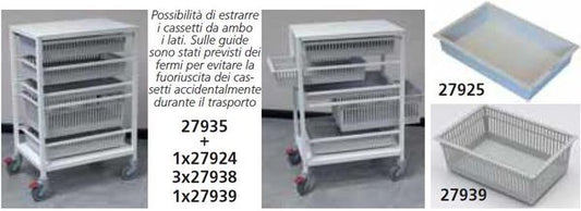 CARRELLO SANITARIO EMERGENZA ISO in acciaio - con 5 coppie di guide per cestelli - 65x47xh.100cm